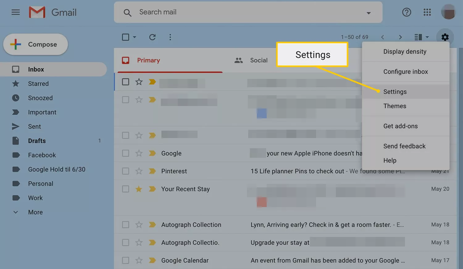 Settings menu item in Gmail