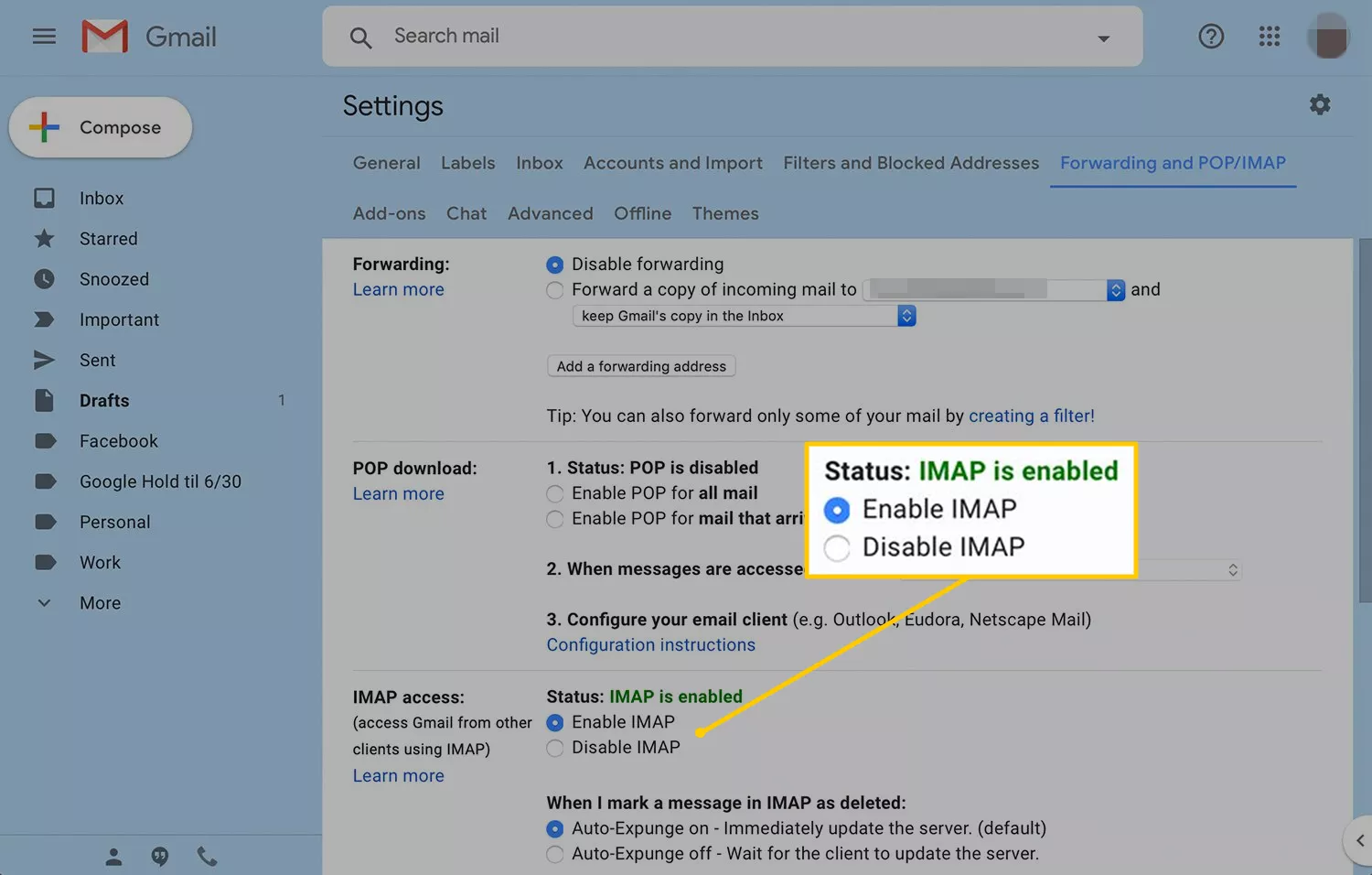 Enable IMAP radio button in Gmail settings