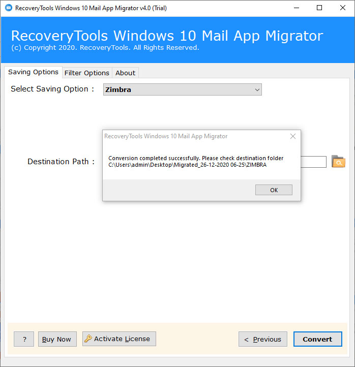 Windows 10 Mail to zimbra procedure completed