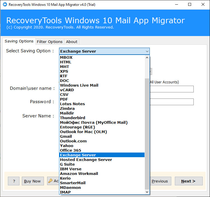 select the Exchange Server option