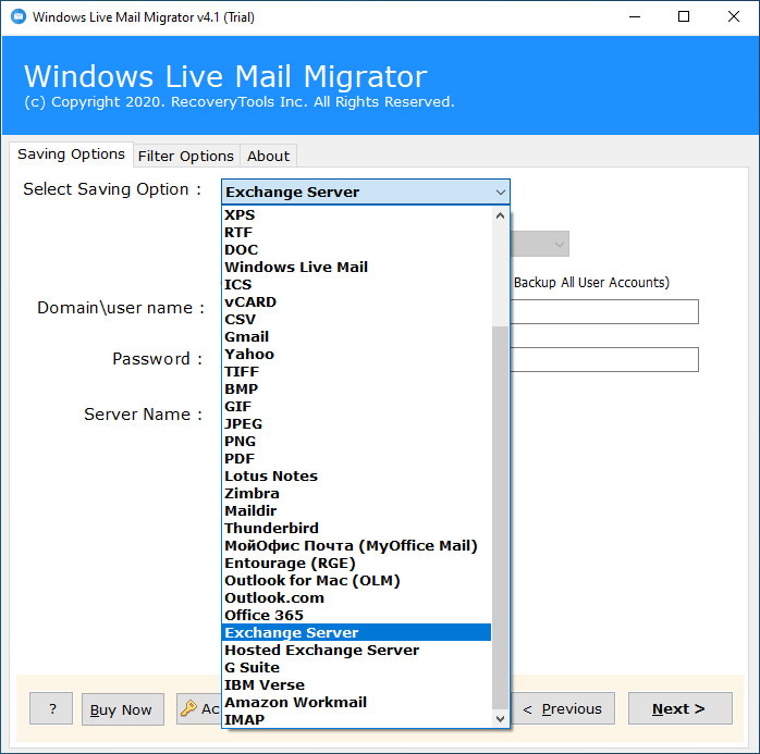 Select the Exchange Server option