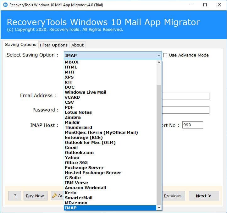 select IMAP saving option