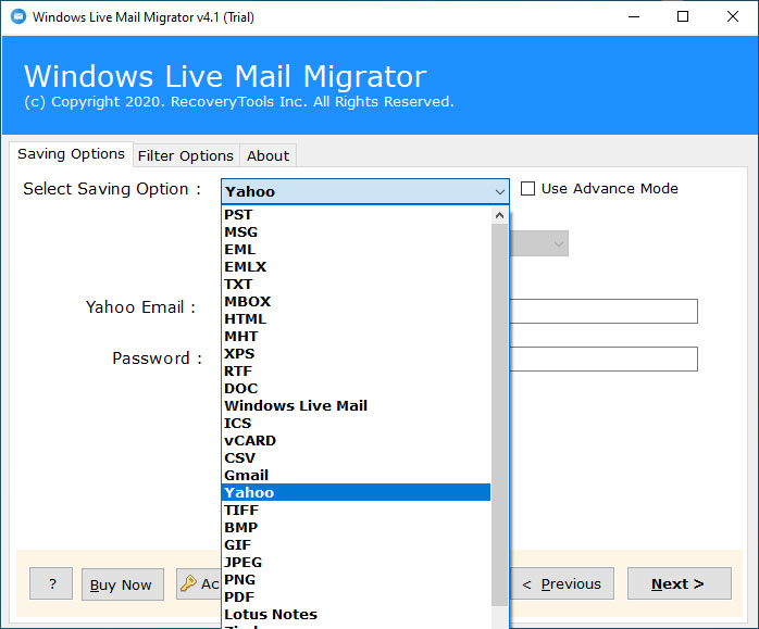 pick the Yahoo option to export Windows Live Mail to Yahoo