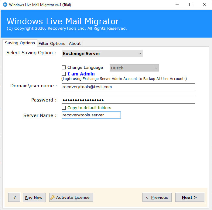 enter the details of your Exchange Server account