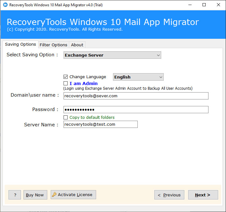 enter your Exchange Server Credentials