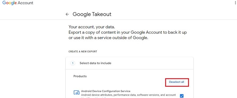 deselect all to backup Gmail account before deleting it