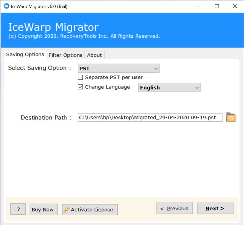 select destination path to convert icewarp to outlook