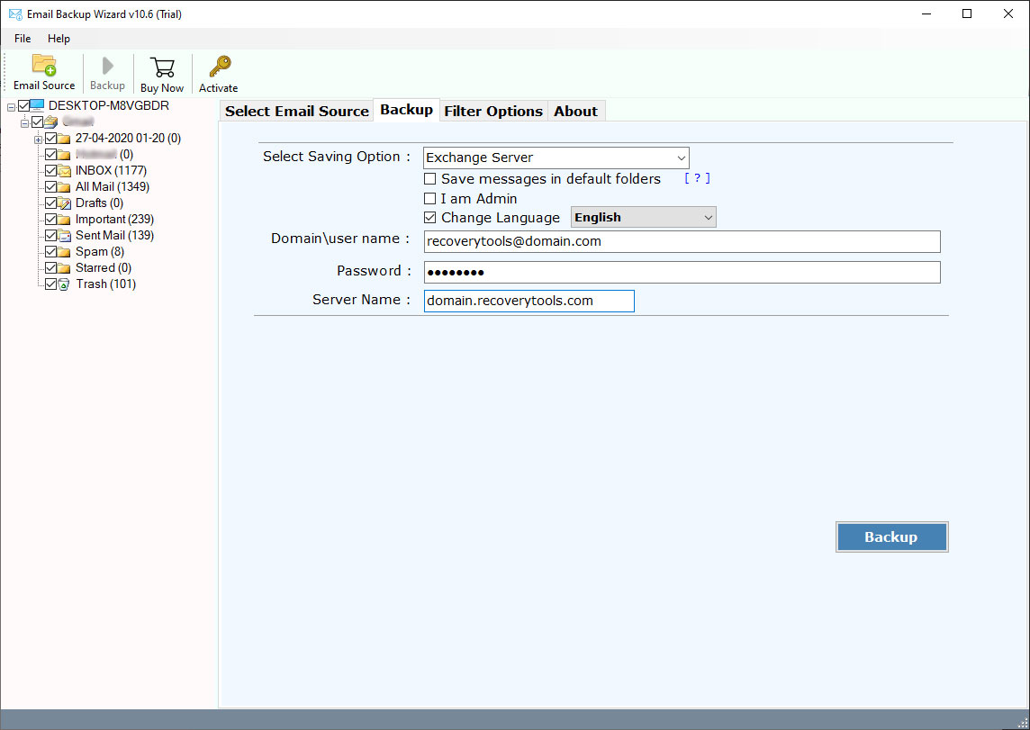 enter Exchange server login details