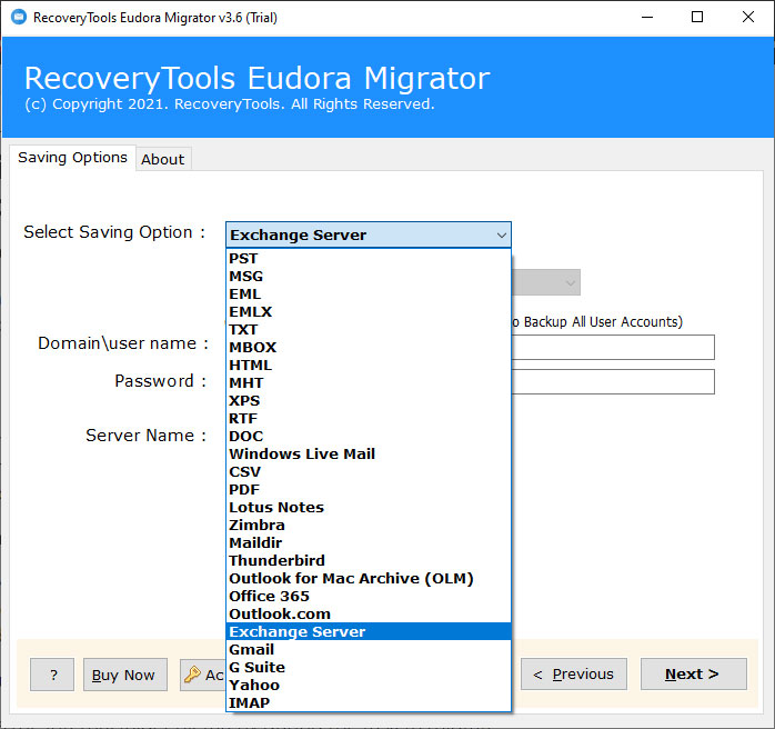 Exchange Server option