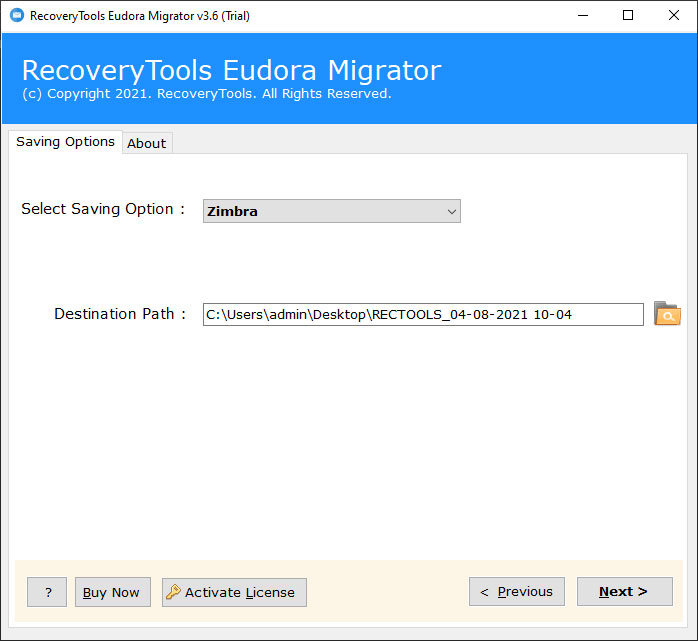 select destination to export eudora to zimbra