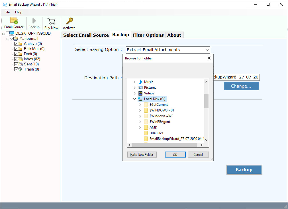 choose destination path to use email attachment extractor