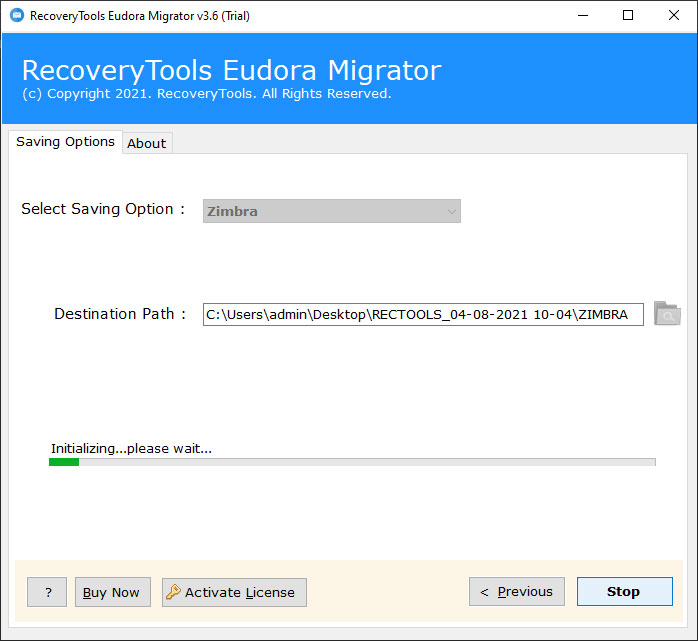 start the process to export eudora to zimbra