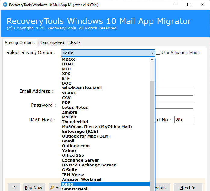 saving options to migrate windows 10 mail to mail server