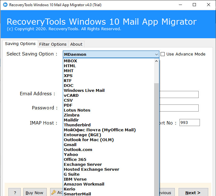 saving options list to migrate windows 10 mail to mail server