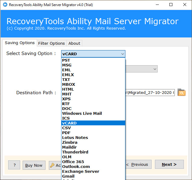 select saving option to export ability contacts to vcard