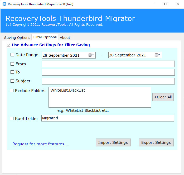 filter options for thunderbird to webmail migration