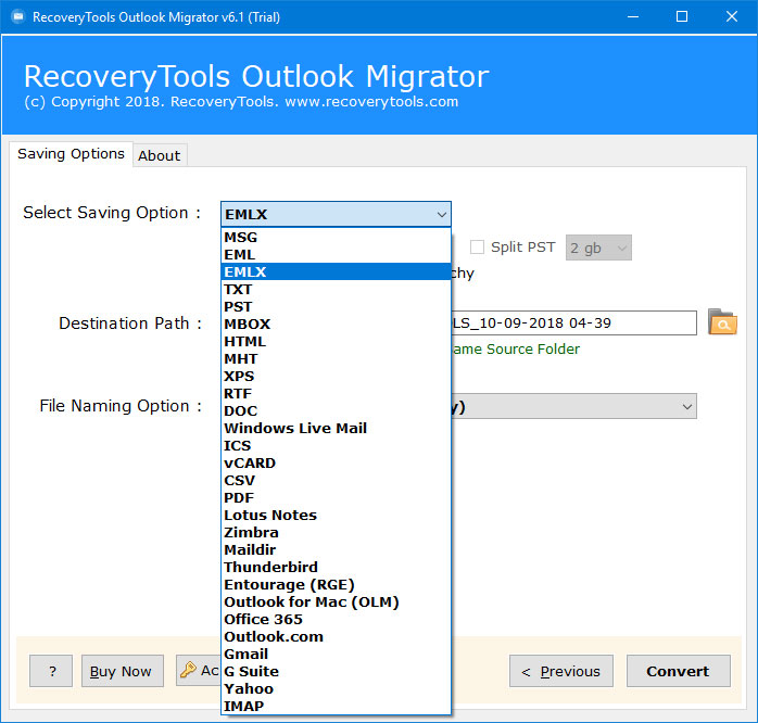 select emlx to convert pst data