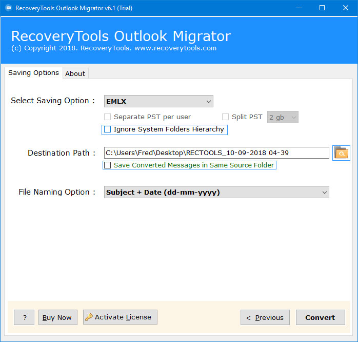 enter location to save pst to emlx converted data