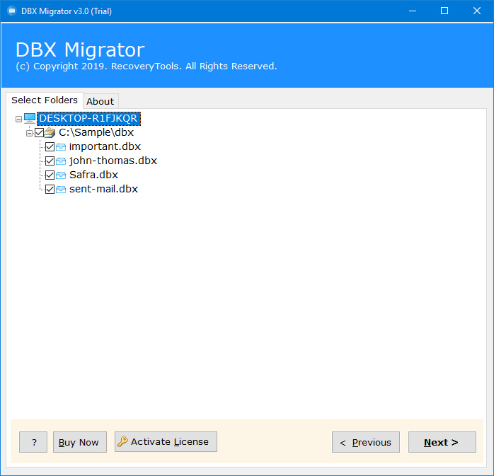 select required folder to convert DBX to EML