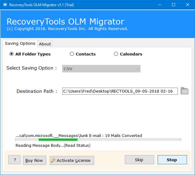 click convert to convert olm to xls