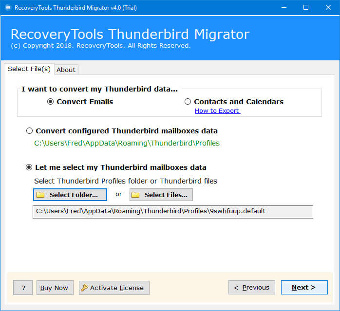 select files or folders for thunderbird to webmail migration