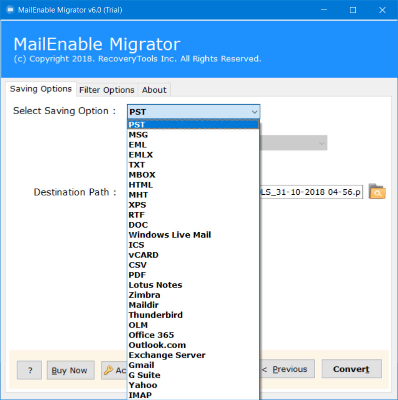 mailenable export to pst