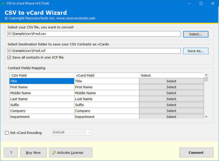 mapping to export CSV contacts to android phone 