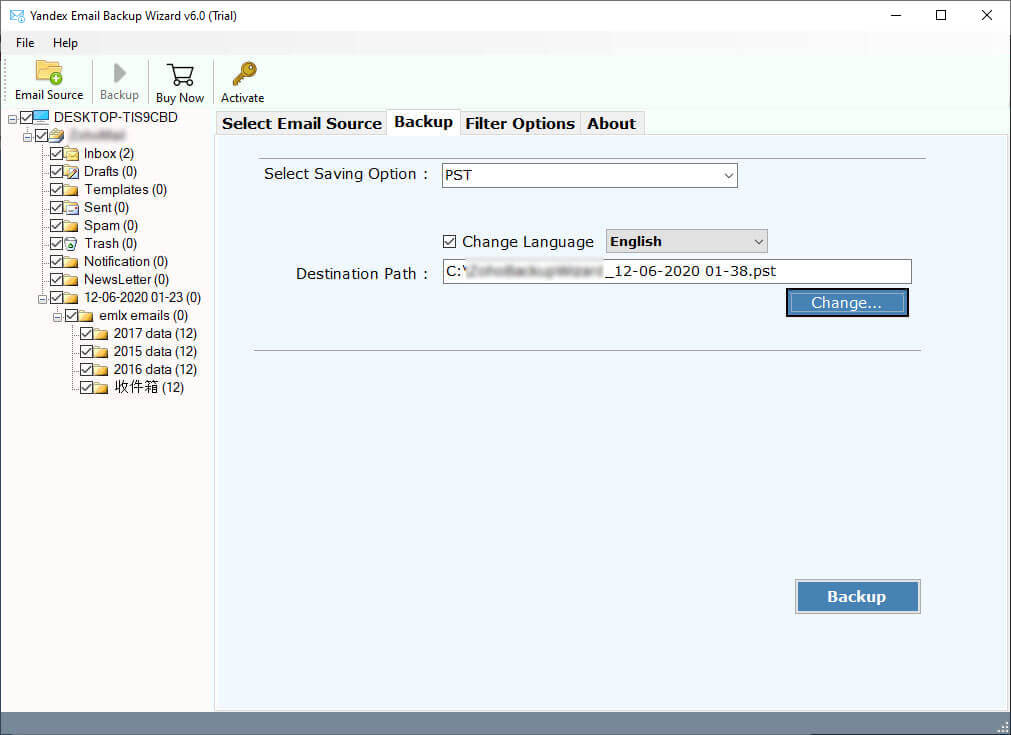 choose required folders to export emails from yahoo to hotmail