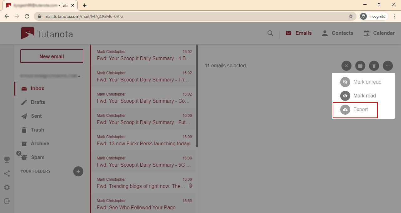 select export option to export tutanota emails to gmail