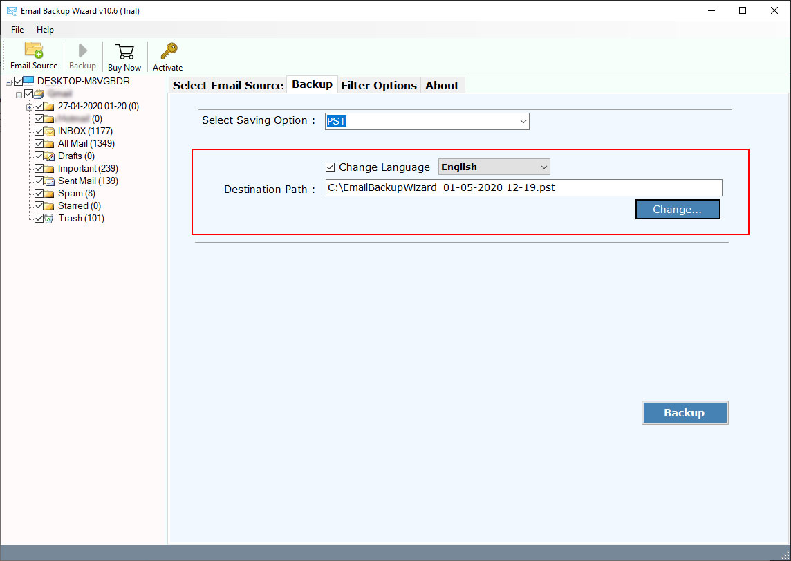 choose destination path to convert icewarp to outlook