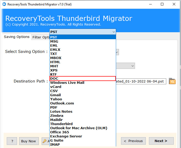 select DOC to convert thunderbird to word file