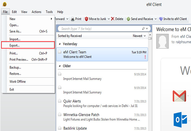 export eM client data files