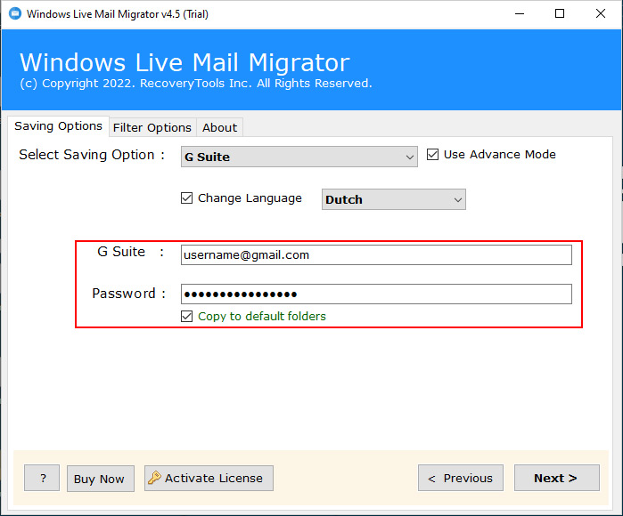 enter credentials to migrate windows live mail to g suite