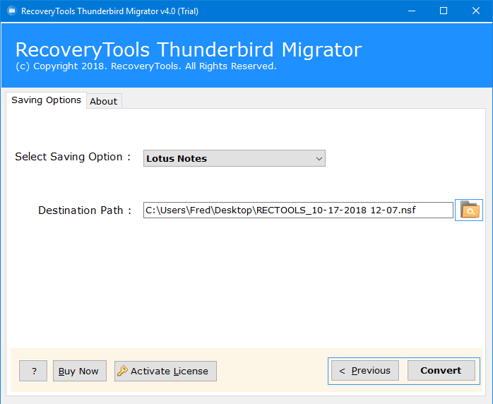 choose destination path to convert Thunderbird to lotus Notes