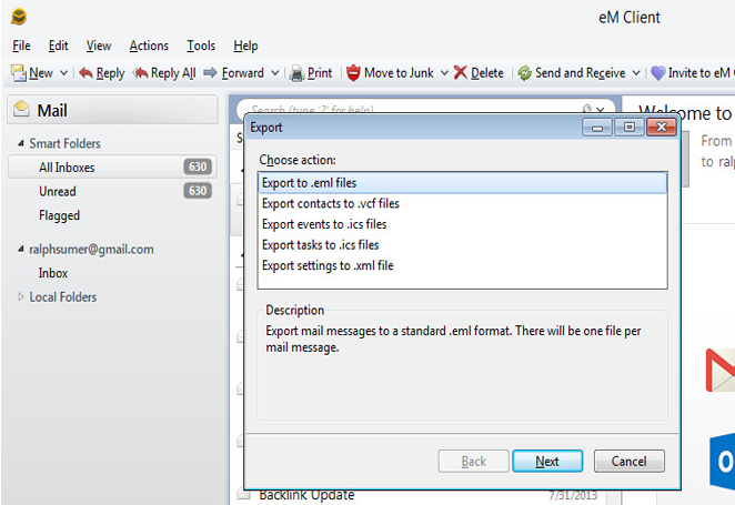 select EML file as export option