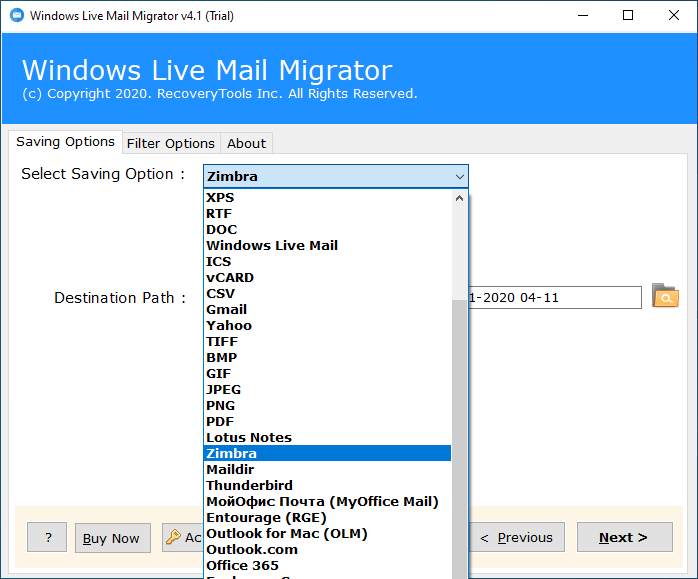 Choose the Zimbra option to import windows live mail to zimbra