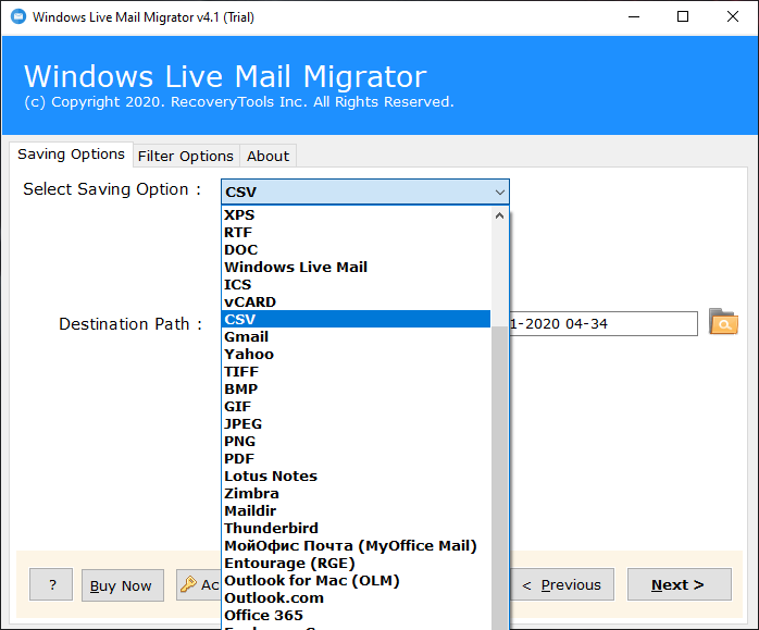 choose the CSV option to export Windows Live Mail Emails to Excel