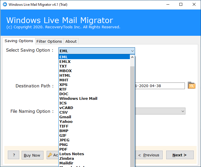 Select Saving Option and choose EML to import Windows Live Mail to eM Client