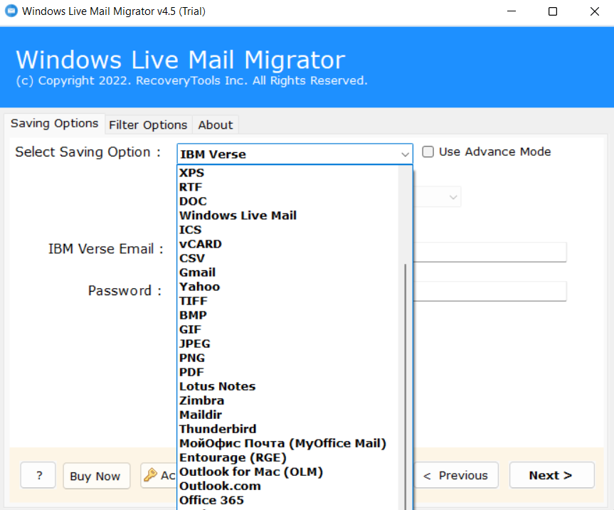 Select Saving Option and choose IBM Verse