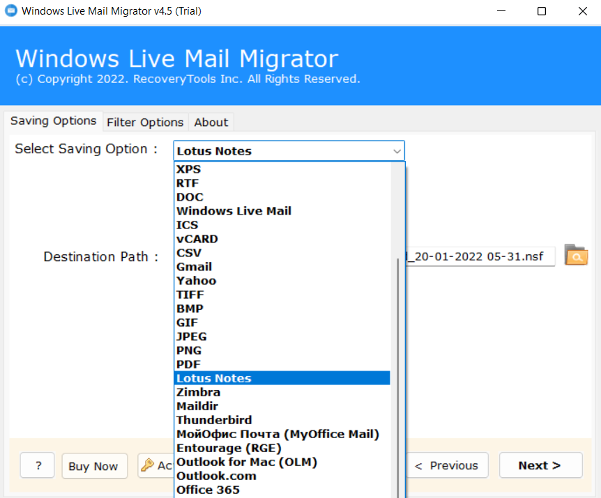 Select Saving Option and choose MSG to convert Windows Live Mail to Lotus Notes