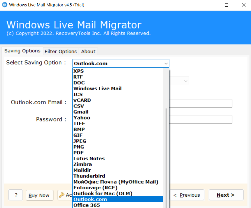 Select Saving Option and choose outlook.com to import Windows Live Mail to Outlook.com