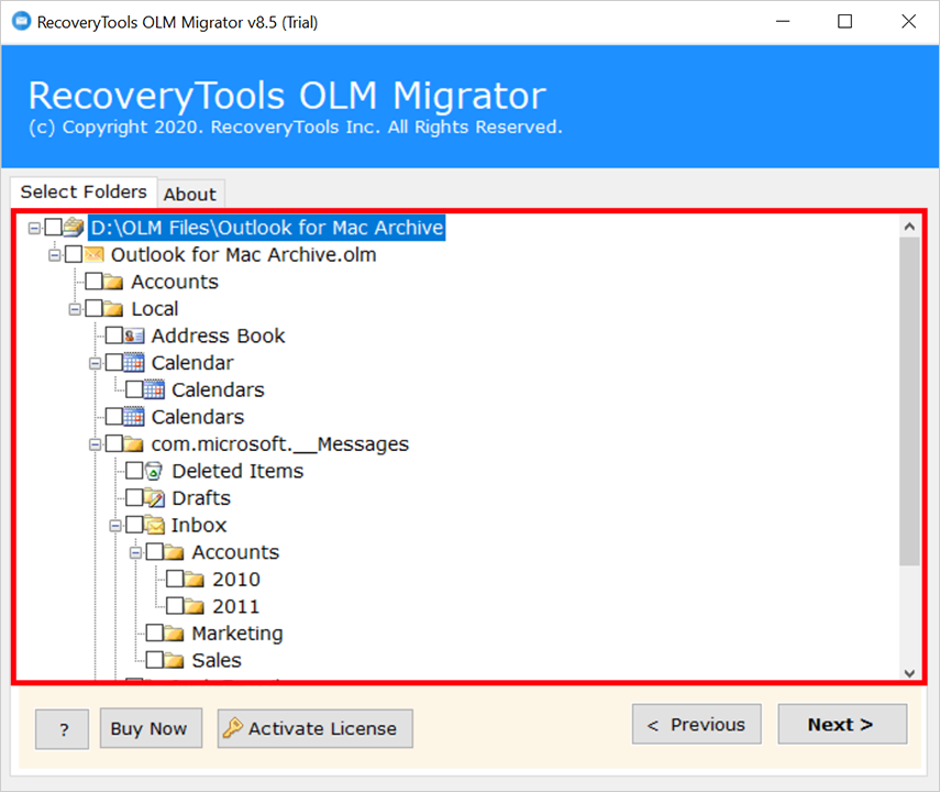 convert OLM to MSG with selective folders