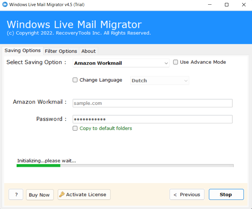 start the conversion to migrate Windows Live Mail to Amazon Workmail