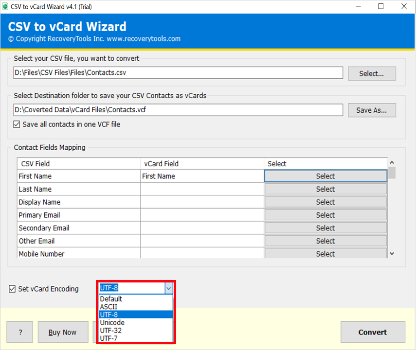 vcard encoding options