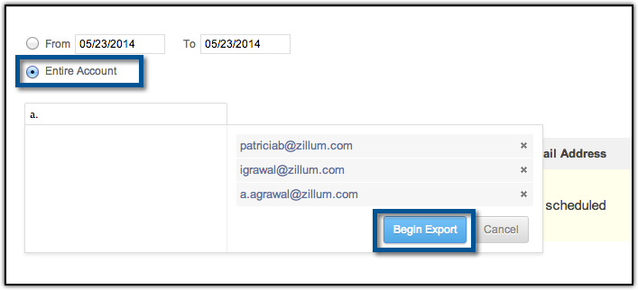 click begin export to convert zoho mail exported zip file