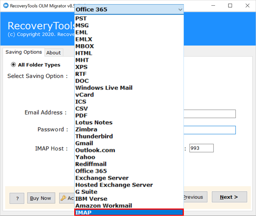 choose saving for olm to imap migration