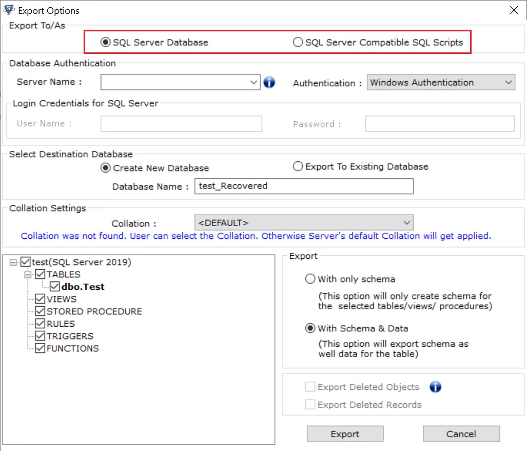 destination database