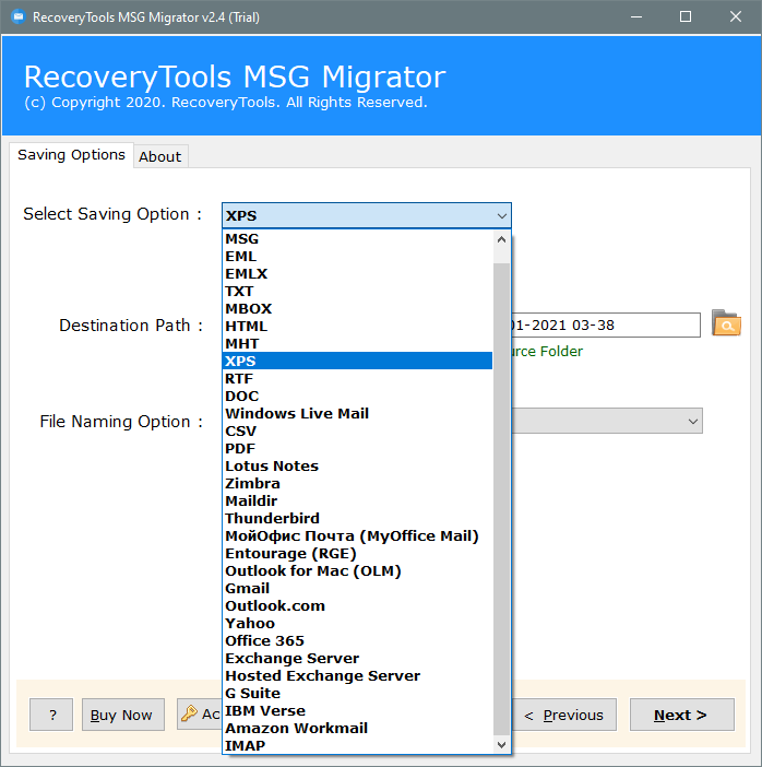 select xps saving format to convert msg to xps