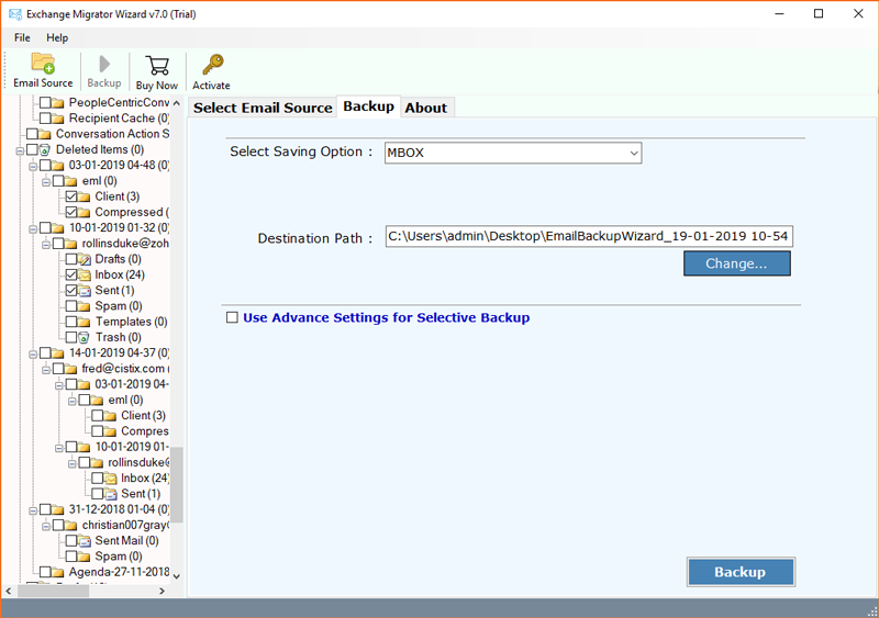 select destination path to export exchange to mbox