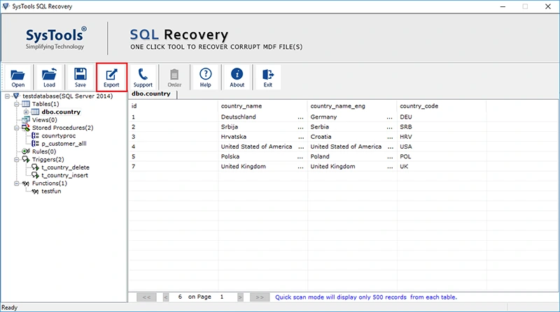 export recover database